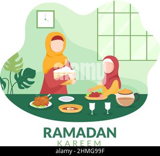 Ramadan Kareem avec Breaking the Fast, Iftar ou Sahur en fond plat Illustration vectorielle pour les fêtes religieuses Id Fitr et Adha Festival Illustration de Vecteur