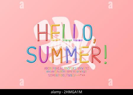 Carte de vœux d'été vif Bonjour été avec feuille tropicale sur fond rose et police multicolore. Illustration de Vecteur