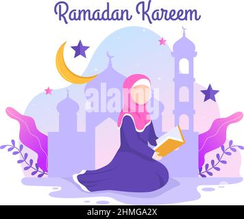 Ramadan Kareem avec le personnage de la personne de prière dans le fond plat Vector Illustration pour les fêtes religieuses Islamic Eid Fitr ou Adha Festival Banner or Illustration de Vecteur