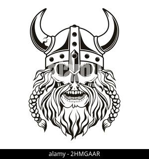 Crâne guerrier Viking avec casque à cornes. Illustration vectorielle. Illustration de Vecteur