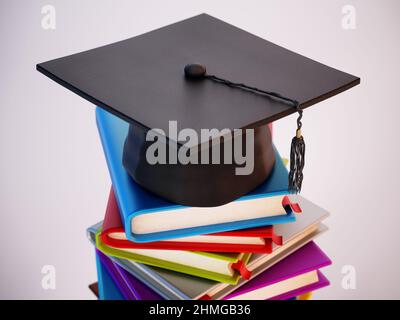 Mortarboard debout sur une pile de livres colorés. 3D illustration. Banque D'Images