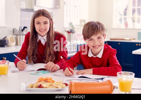 Portrait d'un frère et d'une sœur portant un uniforme d'école faisant un travail à domicile sur le comptoir de cuisine Banque D'Images