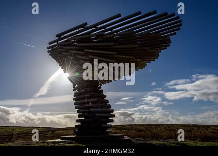 Burnley, Lancashire, Royaume-Uni, le mercredi 09 février 2022. Les marcheurs prennent une randonnée le long de la panpoticon de chant de l'arbre en regardant la ville de Burnle Banque D'Images