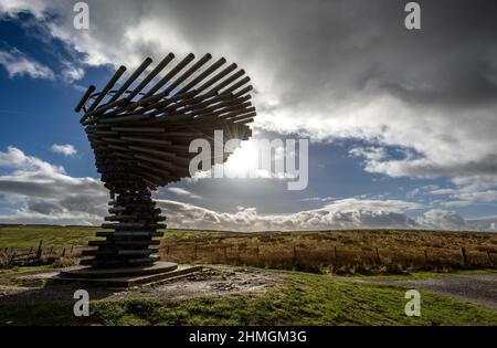 Burnley, Lancashire, Royaume-Uni, le mercredi 09 février 2022. Les marcheurs prennent une randonnée le long de la panpoticon de chant de l'arbre en regardant la ville de Burnle Banque D'Images