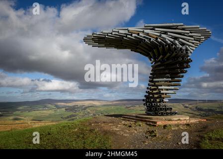 Burnley, Lancashire, Royaume-Uni, le mercredi 09 février 2022. Les marcheurs prennent une randonnée le long de la panpoticon de chant de l'arbre en regardant la ville de Burnle Banque D'Images