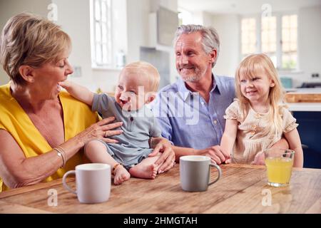 Grand-parents qui s'occupe de rire petite-fille et petit-fils de bébé assis à la table de cuisine Banque D'Images