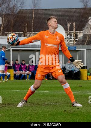 Dumbarton, Écosse. ROYAUME-UNI. 8th février 2022 : le match de la Ligue des jeunes de l'UEFA entre Rangers et Séville (u19s) au stade Dumbarton, en Écosse. Banque D'Images