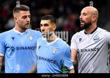 Milan, Italie. 09th févr. 2022. Sergej Milinkovic Savic, Mattia Zaccagni et Pepe Reina de SS Lazio lors du quart de finale de football de la coupe d'Italie entre l'AC Milan et le SS Lazio au stade de San Siro à Milan (Italie), le 9th février 2021. Photo Andrea Staccioli/Insidefoto crédit: Insidefoto srl/Alamy Live News Banque D'Images