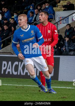 Dumbarton, Écosse. ROYAUME-UNI. 8th février 2022 : le match de la Ligue des jeunes de l'UEFA entre Rangers et Séville (u19s) au stade Dumbarton, en Écosse. Banque D'Images