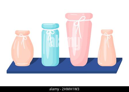 Ensemble de vases à fleurs modernes sur une étagère. Illustration vectorielle. Style de dessin animé. Design intérieur Illustration de Vecteur