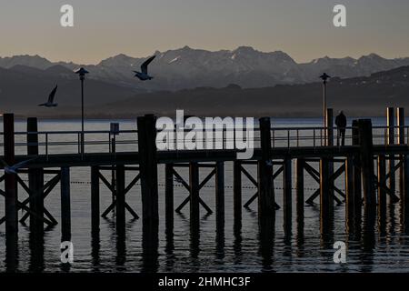 Kressbronn, Allemagne. 10th févr. 2022. Les mouettes survolent le lac de Constance peu après le lever du soleil, tandis que dans le fond de près de 2 502 mètres, les montagnes en Suisse et le gerrich voisin peuvent être vus. Un homme est debout sur la jetée en regardant le lever du soleil. Credit: Felix Kästle/dpa/Alay Live News Banque D'Images