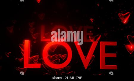 Carte de voeux pour la Saint-Valentin. Texte love wriiten en rouge sur noir. Banque D'Images