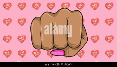 Image de la femelle poing sur plusieurs filles rock texte sur le coeur Banque D'Images