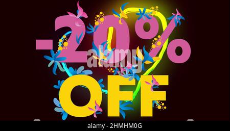 Image d'un cœur au néon et 20 % de réduction avec des fleurs sur fond noir Banque D'Images