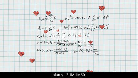 Image des coeurs tombant sur des équations mathématiques dans le carnet scolaire Banque D'Images