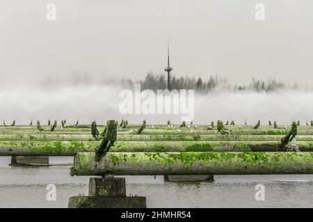 Ancien système de canalisation d'eau contaminée par le rayonnement en acier Pipeline zone industrielle dangereuse. Banque D'Images