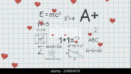 Image des coeurs tombant sur des équations mathématiques dans le carnet scolaire Banque D'Images