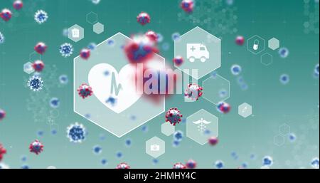 Image des cellules de la macro Covid-19 flottant sur fond vert avec des icônes médicales blanches Banque D'Images