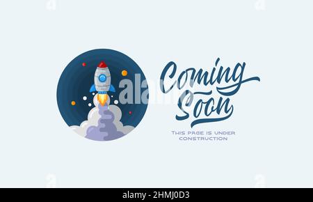 Prochainement lettrage avec la fusée de style plat dans l'espace affiche web modèle. Page en construction site vecteur coloré bannière arrière-plan isolé Illustration de Vecteur