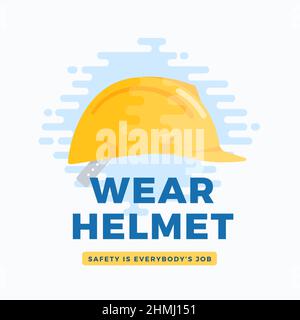 Porter une étiquette d'avertissement portant un casque de sécurité. Illustration publicitaire icône de casque de construction plate. Carte d'autocollant de mise en garde uniforme de l'équipement de protection Illustration de Vecteur