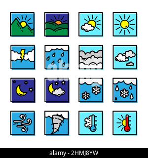Ensemble de design d'icône de fond carré de couleur de prévision météorologique. Illustration vectorielle Illustration de Vecteur
