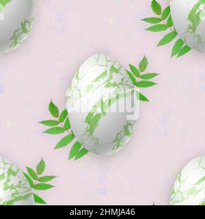 Œufs de Pâques avec feuilles de printemps vertes. Arrière-plan sans couture sur papier rose pastel. Ne finissant jamais le papier le mieux adapté à l'emballage. 3d rendu. Banque D'Images