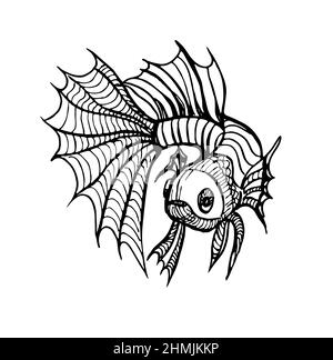 Dessin vectoriel noir et blanc d'un poisson. Tatouage sur un thème marin. Illustration de Vecteur