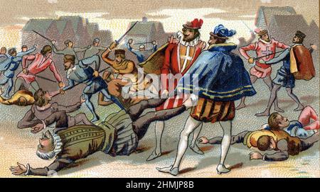 Représentation de l'assassinat de Gaspard II de Coligny dans le quartier Saint-Germain-l'Auxerrois a Paris la nuit du massacre de la Saint Barthelemy 24 aout 1572 (massacre de St Bartholomew : mort de Gaspard II de Coligny 24th août 1572) Chromolithographie de la fin du 19eme siecle Collection privee@ Banque D'Images