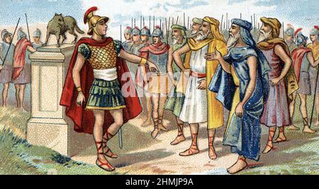 Représentation du consul romain Pompee dit le Grand (106-48 avant JC) général et homme d'etat romain s'exclavant 'Je n'ai qu'a frapper la terre du pied et il en sortira des légions » (Gnaeus Pompeius Magnus ou Pompey le grand général et homme d'État romain) Chromolithographie de la fin du 19eme siecle Collection privee Banque D'Images