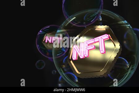 NFT dans une bulle, jetons non fongibles, crypto art sur fond abstrait coloré. Payez pour les collectibles uniques dans les jeux ou l'article 3D rendent crypto art co Banque D'Images