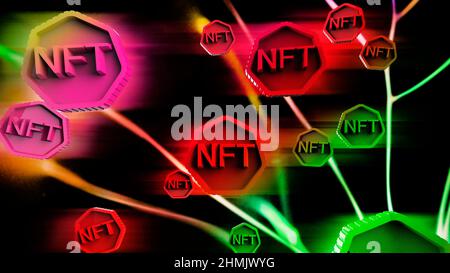 NFT non fongible jeton scrypto art sur fond abstrait coloré. Payez pour des objets de collection uniques dans les jeux ou l'article 3D rend les objets de collection NFT crypto-art Banque D'Images