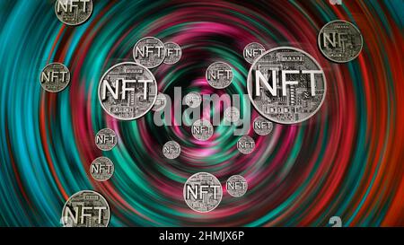 NFT non fongible jeton scrypto art sur fond abstrait coloré. Payez pour des objets de collection uniques dans les jeux ou l'article 3D rend les objets de collection NFT crypto-art Banque D'Images