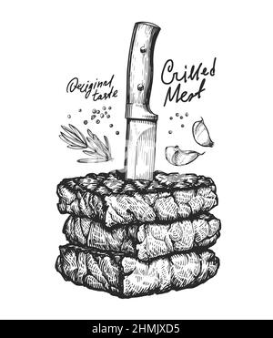 Couteau et steaks, esquisse vectorielle. Cuisson de la viande pour barbecue illustration de style vintage Illustration de Vecteur