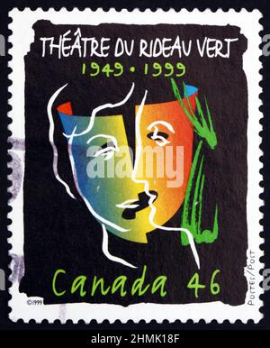 CANADA - VERS 1999 : un timbre imprimé au Canada dédié au Théâtre du Rideau Vert, 50th ans, est un théâtre de Montréal, vers 1999 Banque D'Images