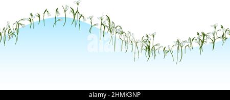 Fleurs de printemps les gouttes de neige fleurissent. Bordure horizontale sans couture des gouttes de neige blanches, feuilles vertes isolées sur le bleu. Motif floral vectoriel pour les invitations, Illustration de Vecteur