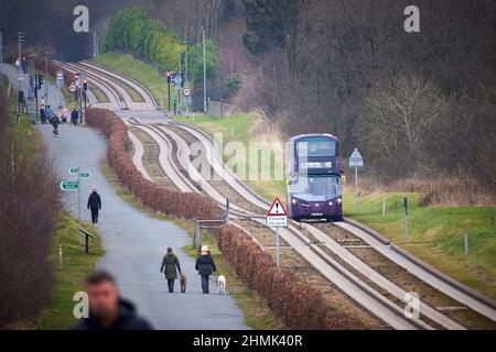 Section de bus guidée de Manchester de Leigh-Salford-Manchester bus Rapid Transit à Tyldesley Banque D'Images