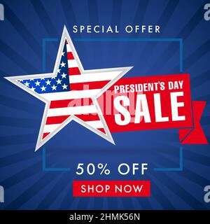 Bannière de vente de Happy President's Day USA. Modèle de conception graphique abstrait isolé. Toile de fond publicitaire avec 3D feuilles de papier et étoile avec U Illustration de Vecteur