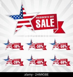 Bannière de vente de Happy President's Day USA. Modèle de conception graphique abstrait isolé. Publicité créative toile de fond de la collection d'icônes de réduction et stars wi Illustration de Vecteur