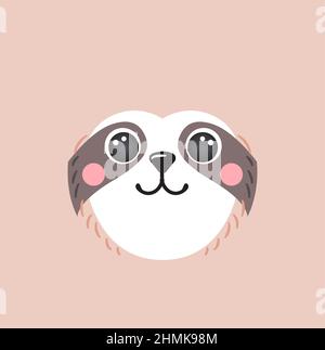 Joli sloth portrait carré sourire tête dessin animé forme ronde visage animal, isolé mascotte caractère vecteur icône illustration. Plat simple dessiné à la main pour enfants affiche, cartes, t-shirts, vêtements de bébé Illustration de Vecteur