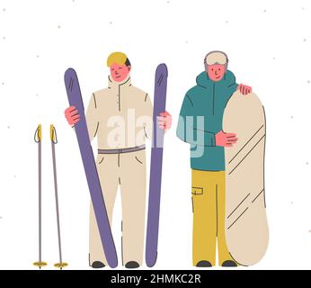 Skieur et snowboarder avec équipement de sport. Souriant avec surf des neiges et skis. Station de ski de montagne par temps de neige. En hiver, activités de plein air Illustration de Vecteur