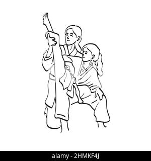 line art entraîneur étirant les jambes de fille dans le cours de taekwondo illustration vecteur main dessiné isolé sur fond blanc Illustration de Vecteur