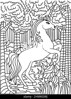 Licorne en page de coloriage de forêt pour adultes Illustration de Vecteur