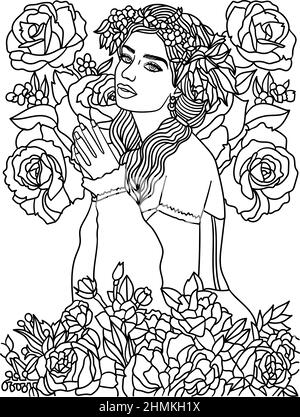 Page de coloriage pour fille de fleur pour adultes Illustration de Vecteur