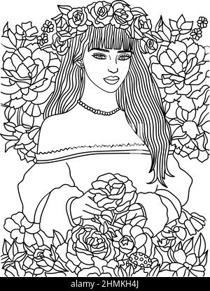 Belle page de coloriage de fille de fleur pour adultes Illustration de Vecteur