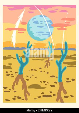 Paysage de dessins animés fantasy de planète extraterrestre dans des couleurs chaudes et vives. Illustration de Vecteur