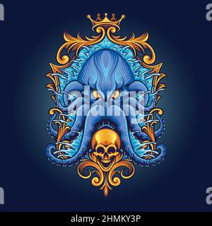 Blue Kraken avec cadre or Skull Vector illustrations pour votre travail logo, t-shirt de marchandise mascotte, autocollants et étiquettes, affiche Illustration de Vecteur