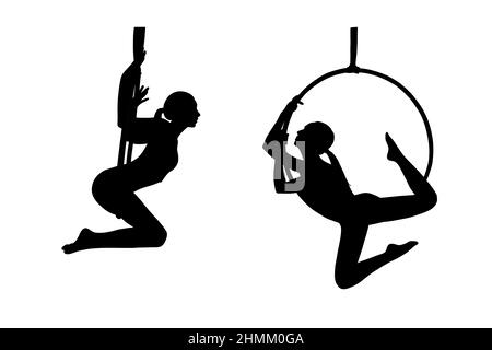 Silhouette de gymnaste femelle aérienne en cerceau.Cascades de gymnastique aérienne.Illustration vectorielle isolée sur fond blanc Illustration de Vecteur