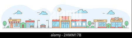 Horizon de la ville. Paysage avec maisons en rangée de boulangerie, arrêt de bus, super marché, pharmacie et bureau de poste. Panorama horizontal de la rue. Illustration vectorielle Illustration de Vecteur