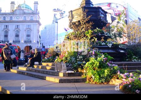 Des plantes et des fleurs couvrent la fontaine commémorative Shaftesbury, souvent connue sous le nom d'« Eros », à Piccadilly Circus, Londres, Angleterre, Royaume-Uni. Pour une journée le 10th février 2022, cette annonce a annoncé une expérience de réalité augmentée Green Planet qui a ouvert ses portes à Piccadilly Circus le 11th février 2022. Parmi les partenaires et les partisans de ce projet figurent BBC Earth, EE, Crown Estate, Factory 42, Kew Royal Botanic Gardens, Talesmith et dimension. Le projet propose la réservation de billets gratuits en ligne et dure jusqu'au 9th mars 2022. Les gens s'assoient sur la statue et profitent du soleil de la fin de l'après-midi. Banque D'Images