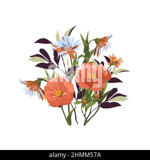 Illustration florale vectorielle. Bouquet de fleurs, feuilles et herbes de couleur orange et corail sur fond blanc. Illustration de Vecteur